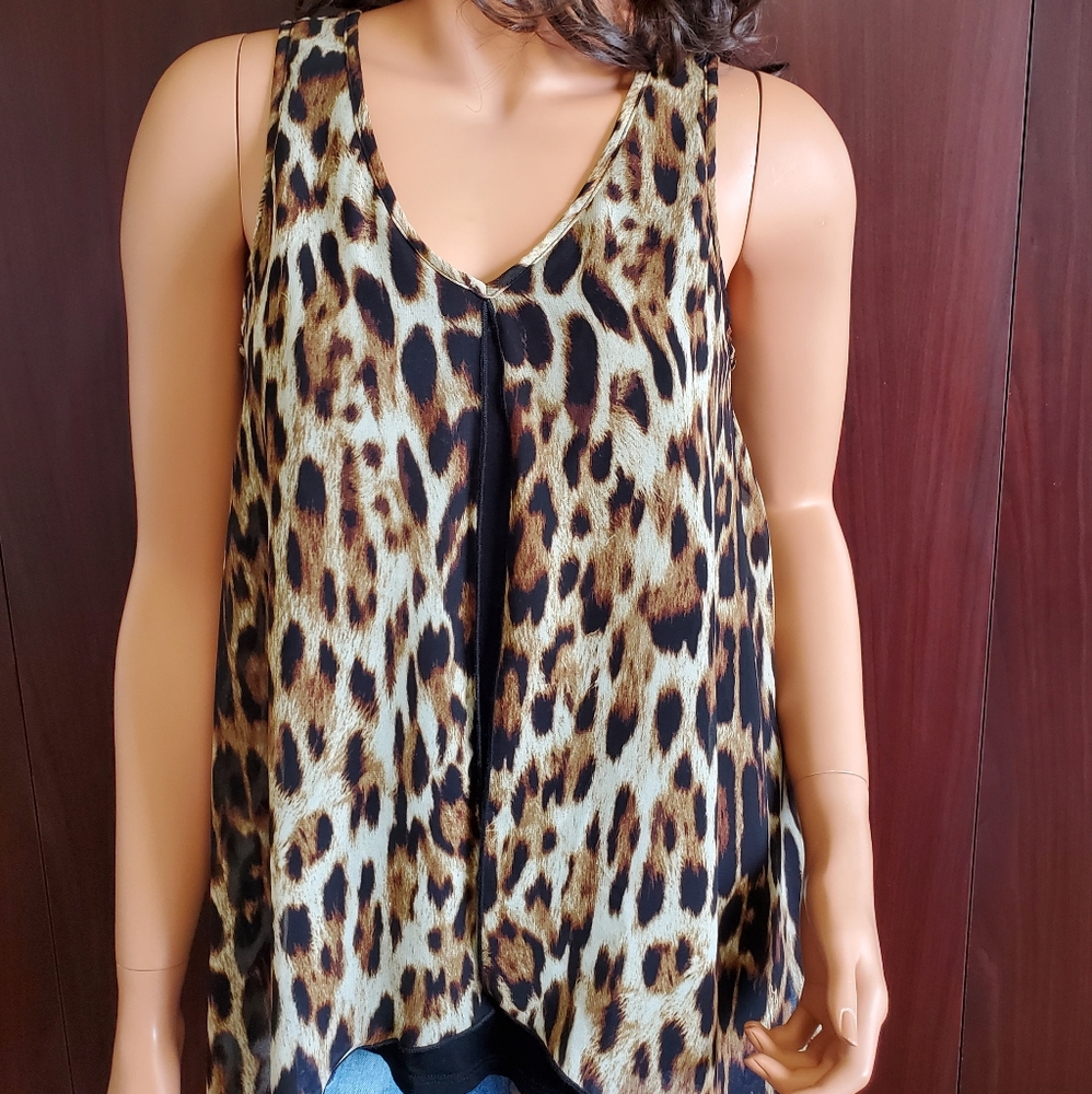 Karen Kane Leopard Print Asymmetrical Sleeveless Blouse